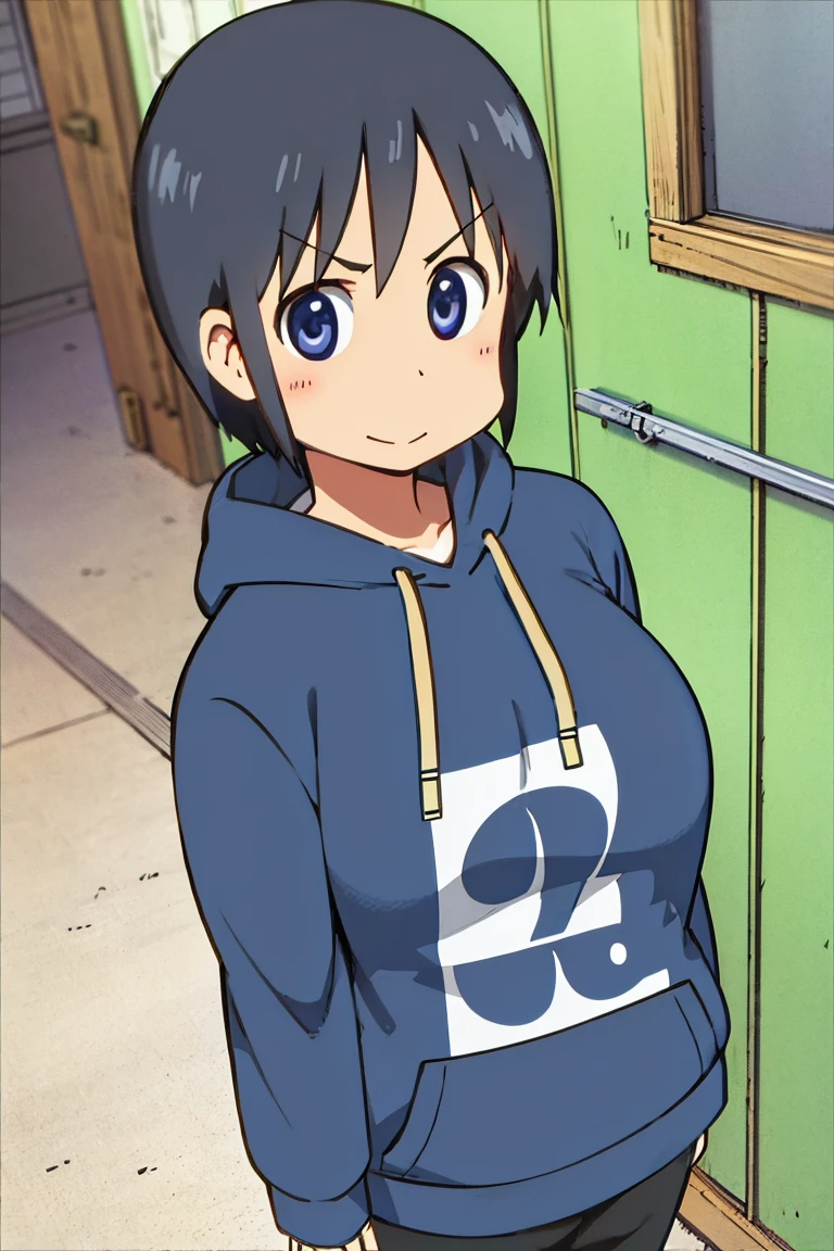 Kyoto animation, female, short hair, middle parted hairstyle, black hair, dark blue eye, cute face, thick eyebrows, big breast, sexy butt, slim body, sexy thigs, dark blue and white hoodie, short pants above thigs, brave smile, 90s style,