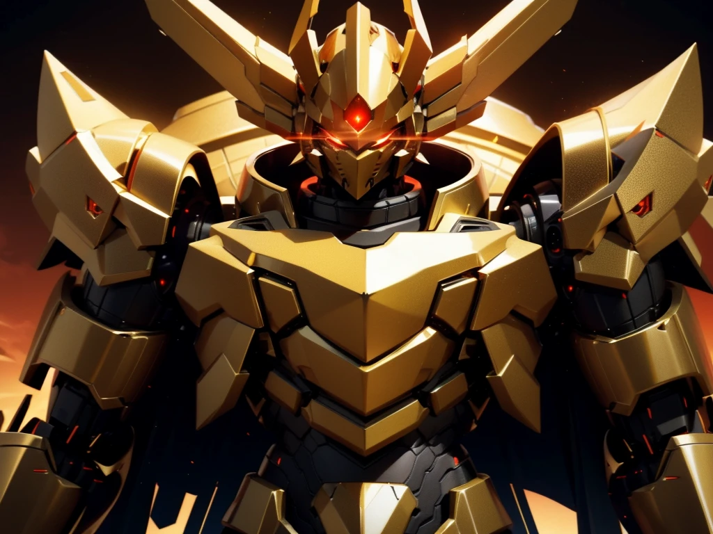 Robot, red mono eye, black body, high quality, golden horns on head, heavily armored, Robot, red mono eye, Gold and Black body, high quality, golden horns on head, heavily armored, gold and black shoulders, arm armor is an austere shade, sunset background,