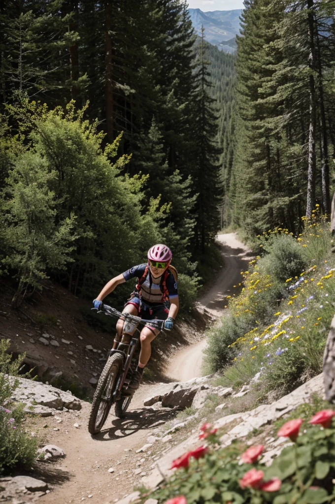 Vtt megamo vitæ qui gap un canyon à 15 m de haut . Le bébé qui le pilote sera en kilt rose et lunettes de soleil en fleurs