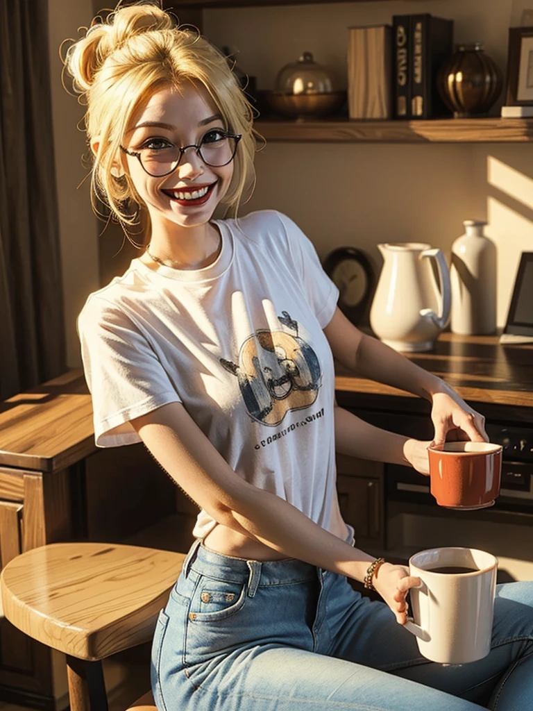 Harley quinn, skinny, A beautiful young woman, blond messy bun, glasses, smiling, wearing t-shirt and jeans, with a mug, in a beautiful room