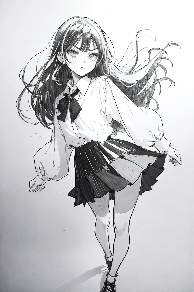 1girl in,line-drawing,monochromes,sketch,Pencil drawing,Traditional Media,1girl in, black skirt fence, long hair shirt, long-sleeve, Skirt, Solo、Cute teenage woman, ,Beautiful portrait、Delicate body、full body Esbian、Looked、ru、bobhair、shorth hair、Patsun、irate、get angry、angry looking face、terror