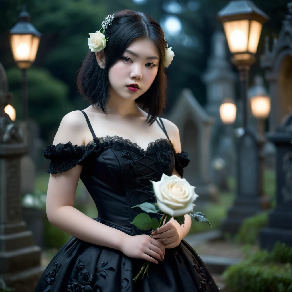(masterpiece), (extremely intricate:1.3), (realistic), photo of a a bit chubby charming pale Japanese teen girl wearing a short black shoulderless gothic dress holding a white rose, (baroque hairstyle), plan american, spooky graveyard at night, professional photograph of a stunning teen girl detailed, sharp focus, dramatic, award winning, cinematic lighting, volumetrics dtx, (film grain, blurry background, blurry foreground, bokeh, depth of field, night, motion blur:1.3), 4k, 8k, hd, hdr