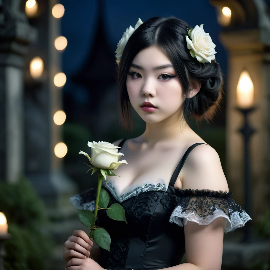 (masterpiece), (extremely intricate:1.3), (realistic), photo of a a bit chubby charming pale Japanese teen girl wearing a short black shoulderless gothic dress holding a white rose, (baroque hairstyle), plan american, spooky graveyard at night, professional photograph of a stunning teen girl detailed, sharp focus, dramatic, award winning, cinematic lighting, volumetrics dtx, (film grain, blurry background, blurry foreground, bokeh, depth of field, night, motion blur:1.3), 4k, 8k, hd, hdr