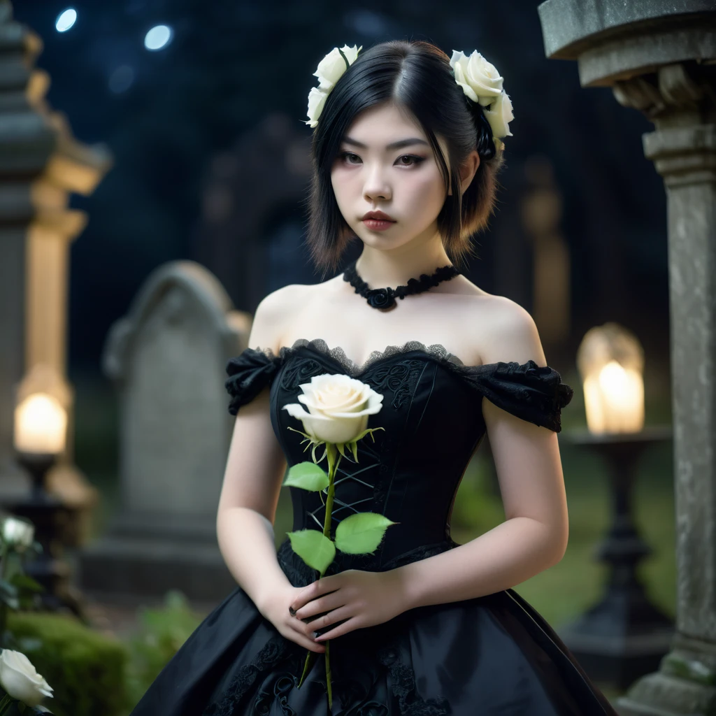 (masterpiece), (extremely intricate:1.3), (realistic), photo of a a bit chubby charming pale Japanese teen girl wearing a short black shoulderless gothic dress holding a white rose, (baroque hairstyle), plan american, spooky graveyard at night, professional photograph of a stunning teen girl detailed, sharp focus, dramatic, award winning, cinematic lighting, volumetrics dtx, (film grain, blurry background, blurry foreground, bokeh, depth of field, night, motion blur:1.3), 4k, 8k, hd, hdr