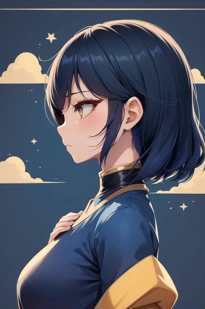 1girl, solo, uppee body, side profile, dark blue background, asian girl, retro makeup, dark blue theme