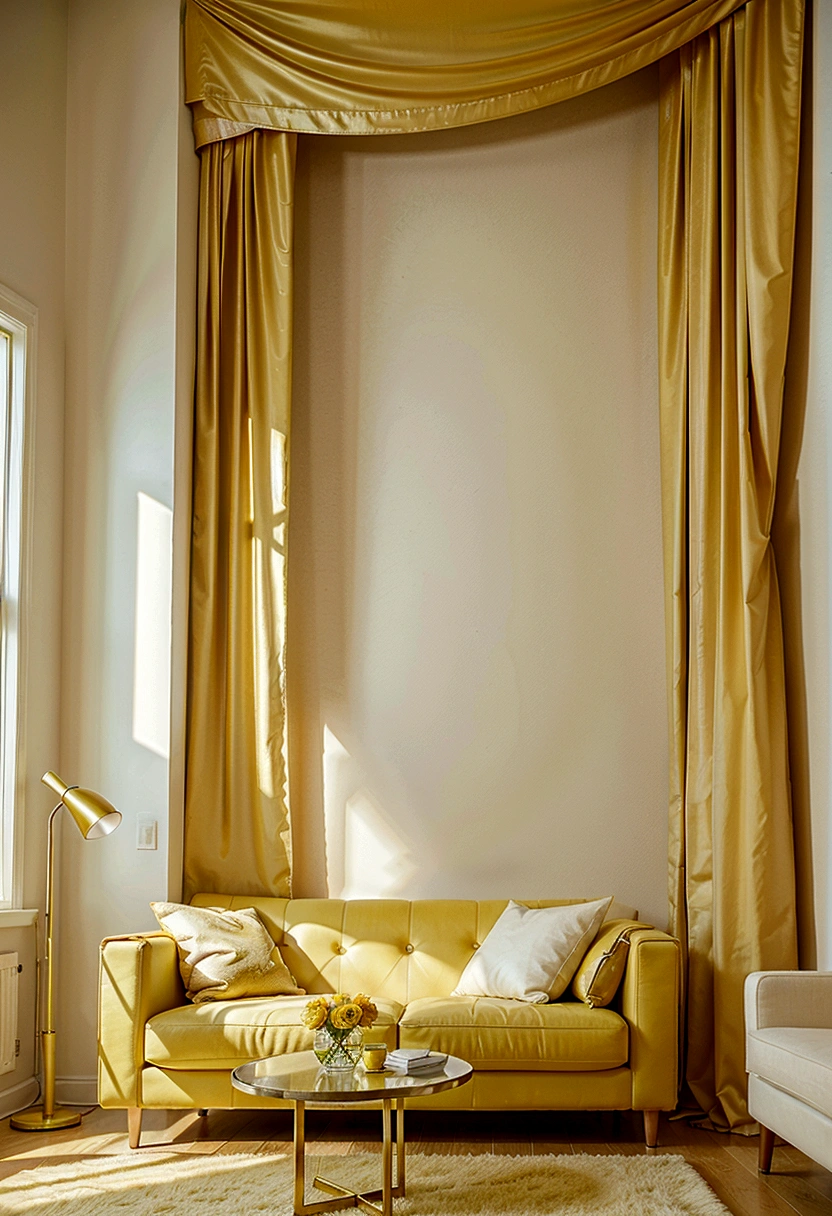 a brightly lit living room with a white couch and yellow curtains, a hyperrealistic painting by Ivan Ranger, trending on cg society, maximalism, white and yellow scheme, silver and yellow color scheme, popular interior design style, walls with tone of yellow, yellow color scheme, white and gold color scheme, gold and luxury materials, glossy yellow, yellow theme