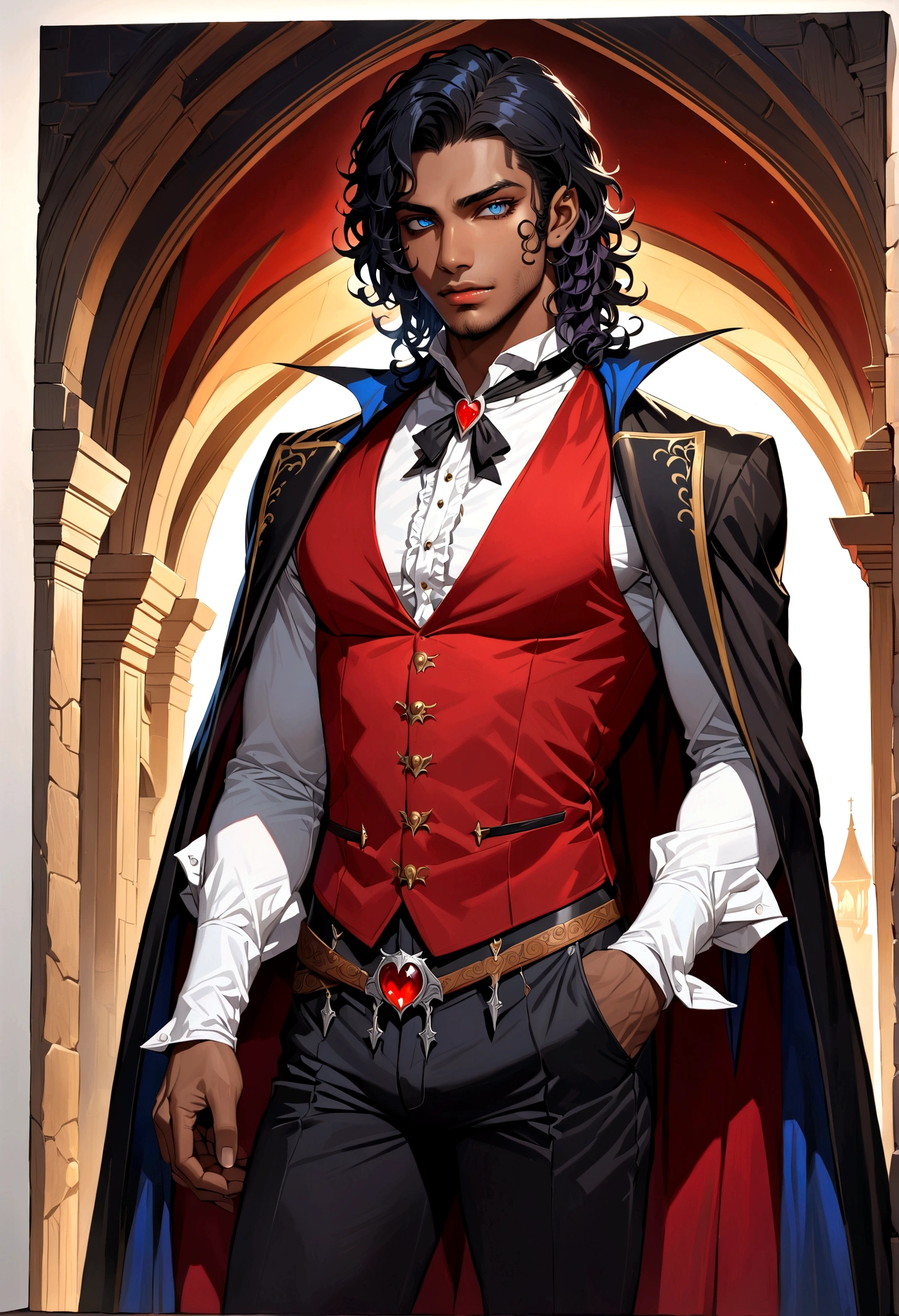 masterpiece, Best quality, A high resolution, fantasy, young vampire guy, dark skin, blue eyes, shoulder length black curly hair, with stubble on the face, full length, fantasy, brigand