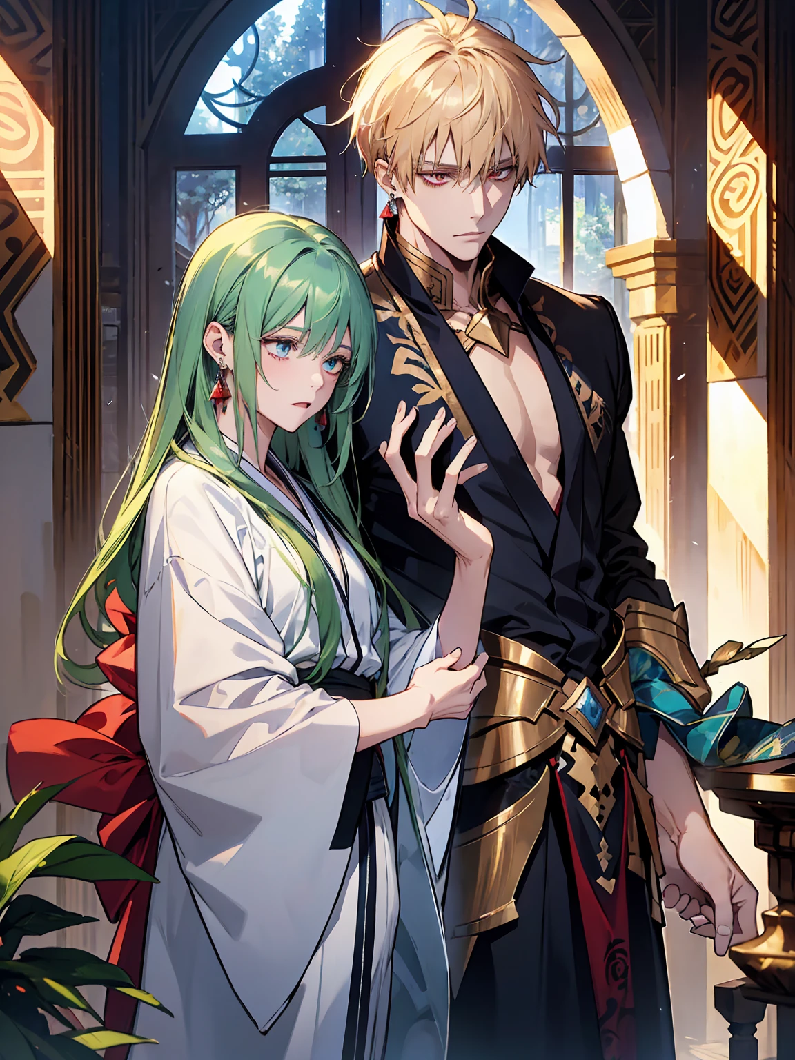 absurdres, highres, ultra detailed, HDR, master piece, best quality, extremely detailed face, delicated features, (caster) Gilgamesh, messy blonde hair, expressive red eyes, fate grand order, Enkidu, green hair, expressive blue eyes, two sexy men together, gay couple, yaoi, handsome, toned chest, arabian, golden earrings, jewelry, white kimono, red haori, blue rose garden, blue trees, blue flowers, blue butterflies