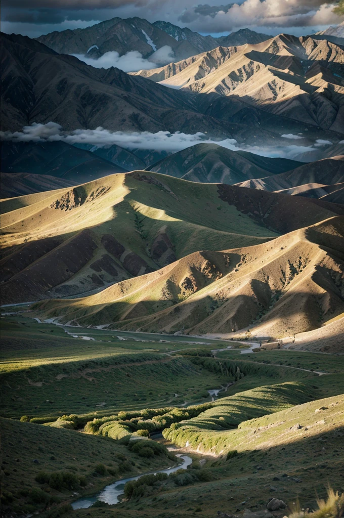 a beautiful landscape of Owens Valley, California, rolling hills, rugged mountains, lush green meadows, winding river, clear blue skies, dramatic clouds, sunlight streaming through, atmospheric lighting, serene and peaceful, highly detailed, photorealistic, 8k, masterpiece, cinematic, wide angle, realistic nature, stunning scenery, epic scale, vibrant colors, dramatic lighting, moody atmosphere