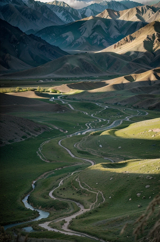a beautiful landscape of Owens Valley, California, rolling hills, rugged mountains, lush green meadows, winding river, clear blue skies, dramatic clouds, sunlight streaming through, atmospheric lighting, serene and peaceful, highly detailed, photorealistic, 8k, masterpiece, cinematic, wide angle, realistic nature, stunning scenery, epic scale, vibrant colors, dramatic lighting, moody atmosphere