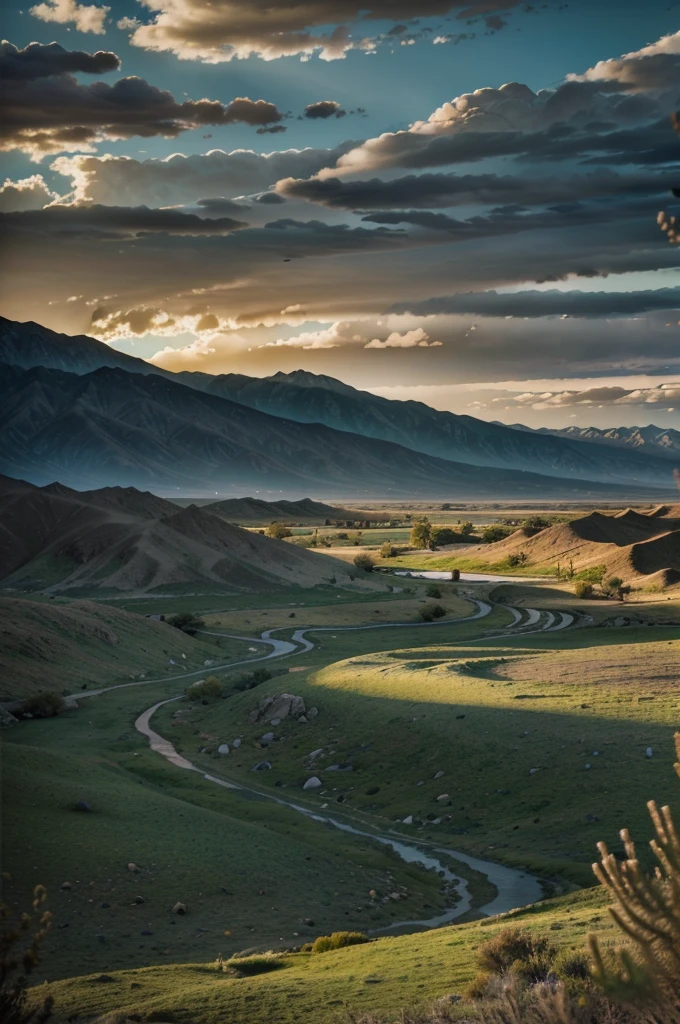 a beautiful landscape of Owens Valley, California, rolling hills, rugged mountains, lush green meadows, winding river, clear blue skies, dramatic clouds, sunlight streaming through, atmospheric lighting, serene and peaceful, highly detailed, photorealistic, 8k, masterpiece, cinematic, wide angle, realistic nature, stunning scenery, epic scale, vibrant colors, dramatic lighting, moody atmosphere