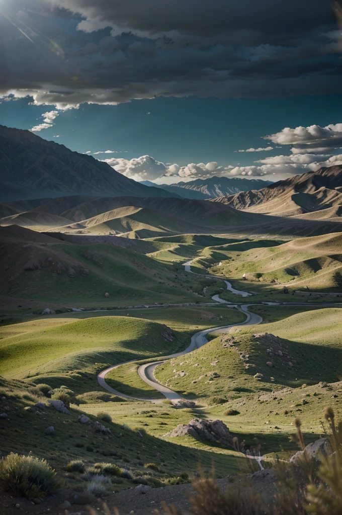 a beautiful landscape of Owens Valley, California, rolling hills, rugged mountains, lush green meadows, winding river, clear blue skies, dramatic clouds, sunlight streaming through, atmospheric lighting, serene and peaceful, highly detailed, photorealistic, 8k, masterpiece, cinematic, wide angle, realistic nature, stunning scenery, epic scale, vibrant colors, dramatic lighting, moody atmosphere