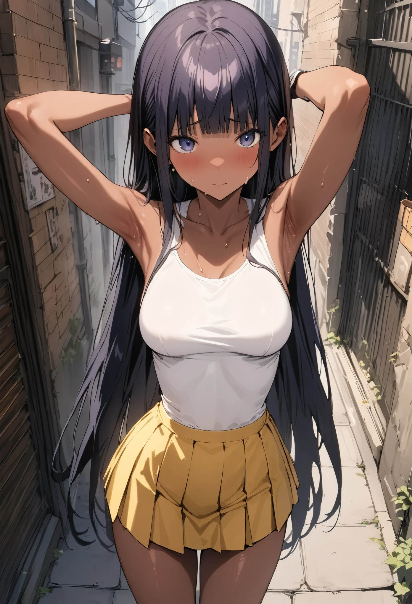 (((masterpiece, Highest quality:1.3,absurdres))),25 year old beauty,solo,((very small head:1.3)),long hair,bangs,dark blue hair,dark blue eyes,gorgeous eyes,shy,shy,medium breasts,((very long body:1.3)),((toned body,slender body)),skinny,((tan skin)),gleaming skin,shiny skin,sweat,(White tank top、Yellow pleated mini skirt),arms up,Show off your armpits、on street,Back Alley、New York City、