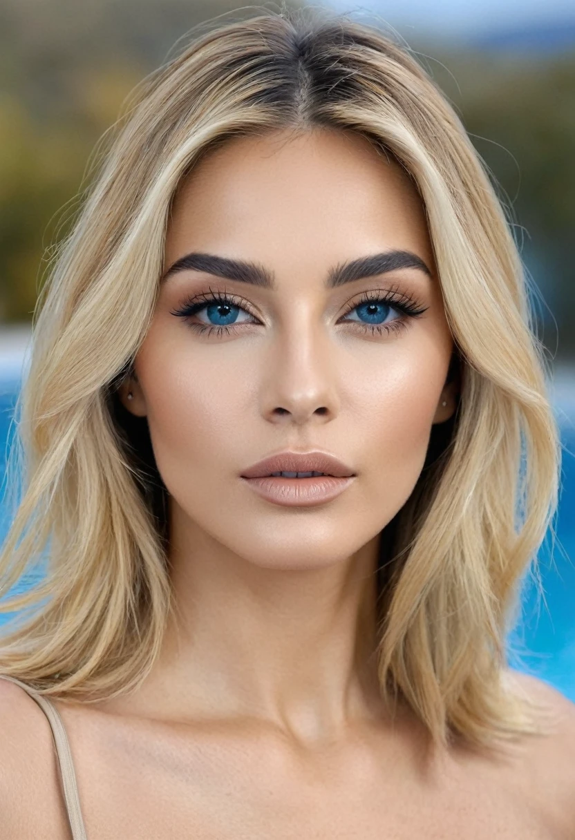 Una mujer armenia de pelo rubio largo y liso,  prominent cheekbones, ojos almendrados azules, labios carnosos, sin maquillaje y cara alargada y rectangular con cejas ligeramente arqueadas, tono de piel beige claro, cuerpo voluptuoso con curvas, top corto negro, tanga negro. De espaldas, en una piscina. LoRA