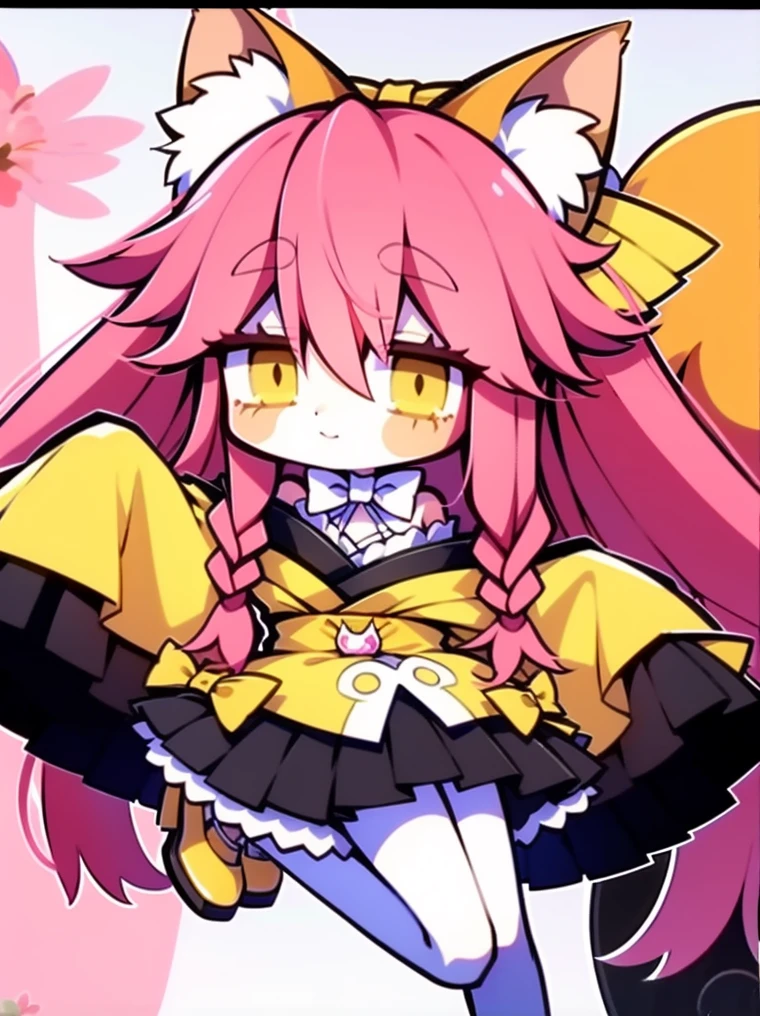 Uhd, absurdres, 5k, 2 d anime style, anime moe art style, 2 d style, flat anime style shading,discord pfp, 2d icon, 2d anime, clean artstyle, Flat anime style, Anime Stylization, 1girl, aria, yellow eyes, pink hair, very long hair, (fox ears), fox tail, hair bow, yellow bow, japanese clothes, off shoulder, white bow collar, short kimono, (((yellow kimono))), (black sash), (black obi), long sleeves, wide sleeves, sleeves past wrists, sleeves past fingers, frills, white pantyhose, white footwear, attacking, jumping