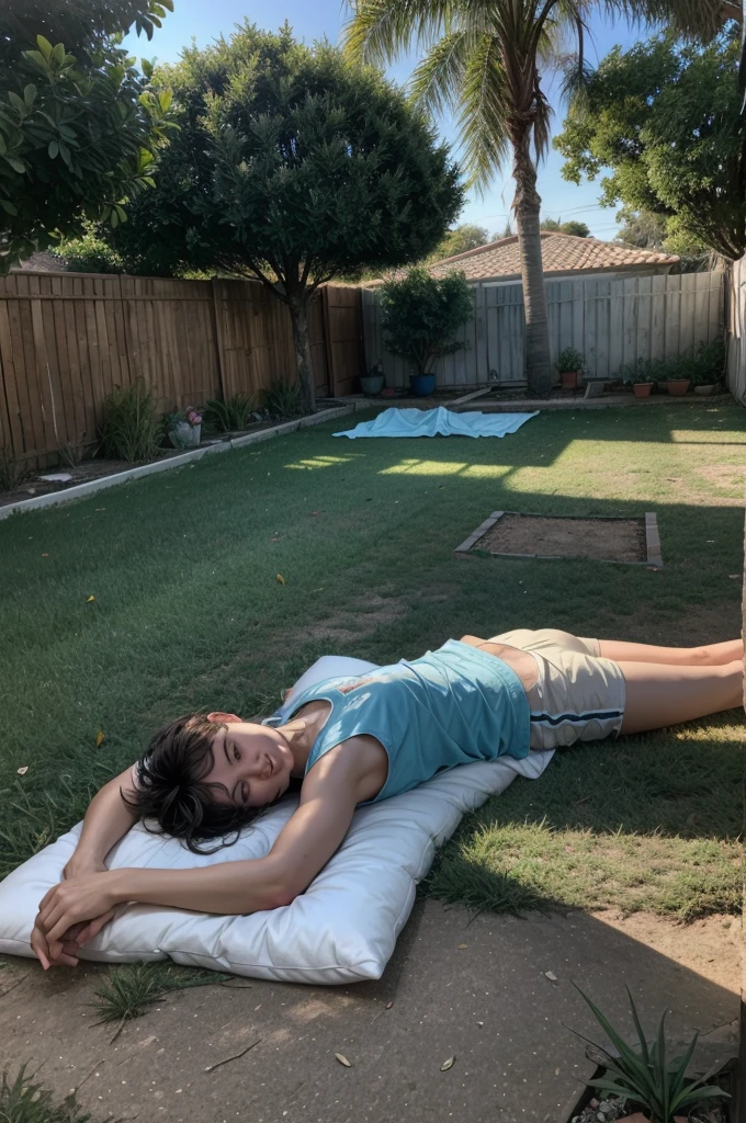 Dawn illuminating the backyard of Joaquim's house, with him lying on the ground