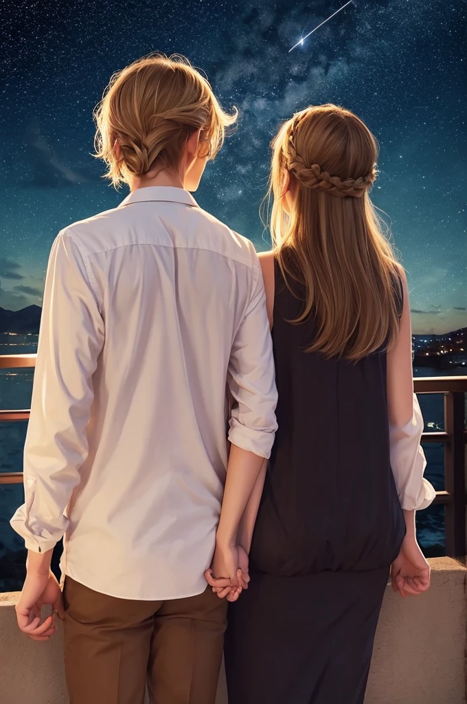 Couple, back view, night view, initials, girl R, blonde, medium, boy R, brown hair, man bun, illustration, lovers holding hands, starry sky