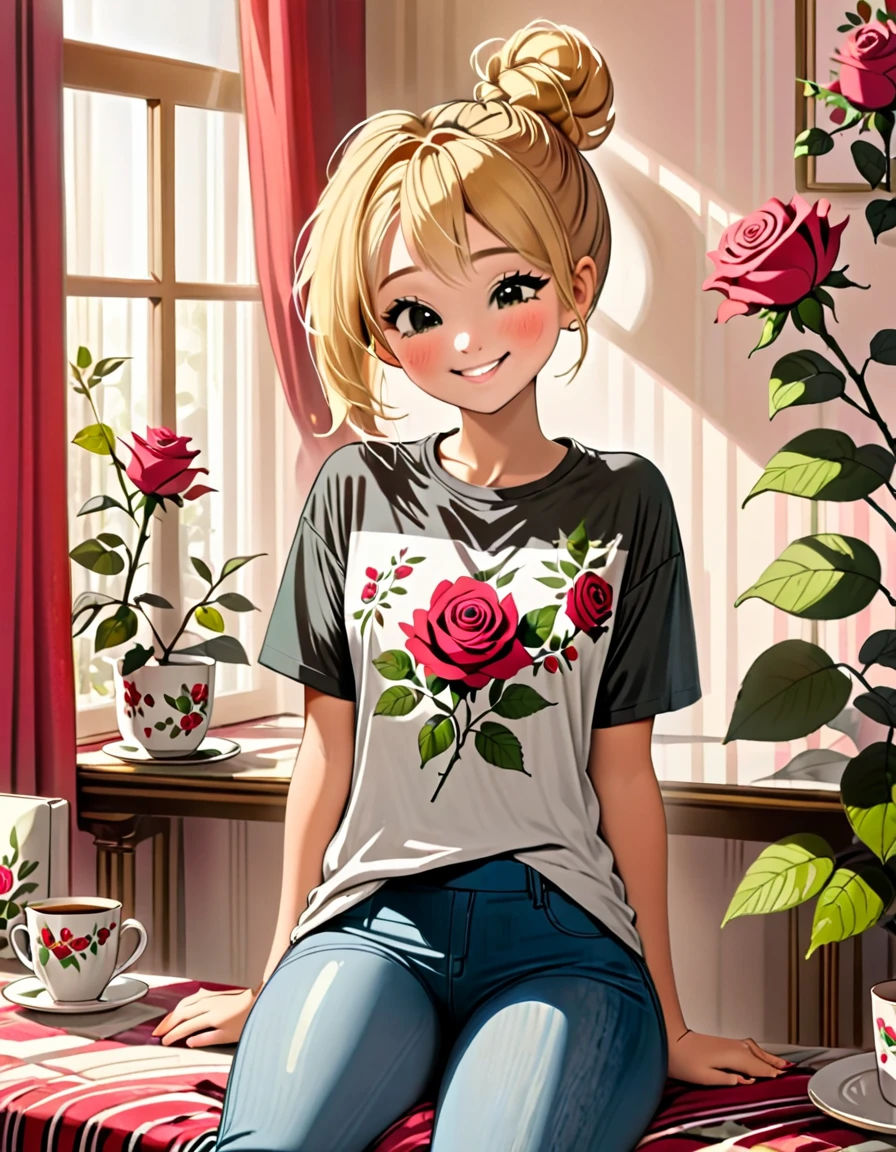 A beautiful young woman, blond messy bun, wearing a t-shirt with rose print, smiling, with a mug, in a beautiful room, morning