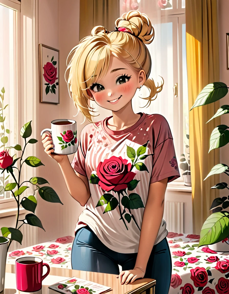 A beautiful young woman, blond hair, wearing a t-shirt with rose print, smiling, with a mug, in a beautiful room, morning