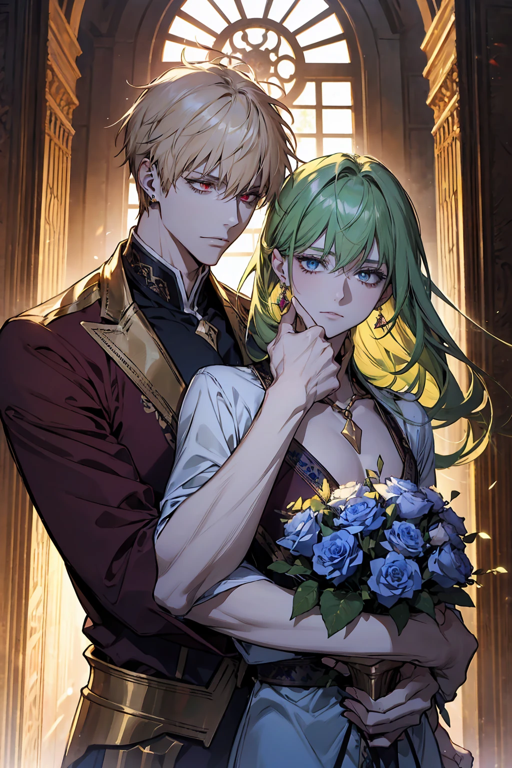 absurdres, highres, ultra detailed, HDR, master piece, best quality, extremely detailed face, delicated features, (caster) Gilgamesh, messy blonde hair, expressive red eyes, fate grand order, Enkidu, green hair, expressive blue eyes, two sexy men together, gay couple, yaoi, handsome, toned chest, arabian, golden earrings, jewelry, blue rose garden, blue trees, blue flowers, blue butterflies