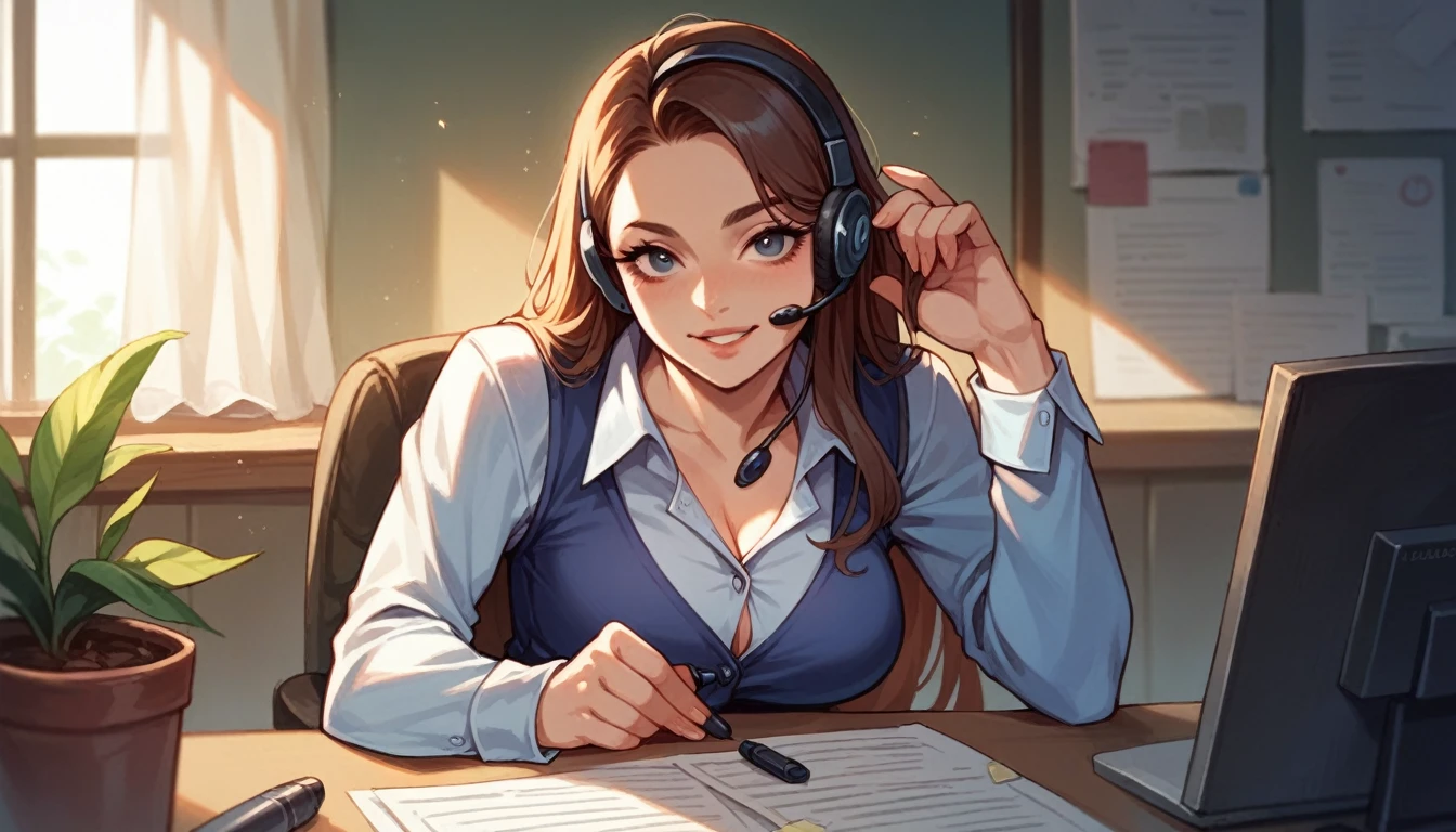 "Generate a realistic image of a beautiful female customer service representative. She should appear professional, friendly, and approachable, wearing a headset and a business outfit. The background should be a modern, well-lit office environment."