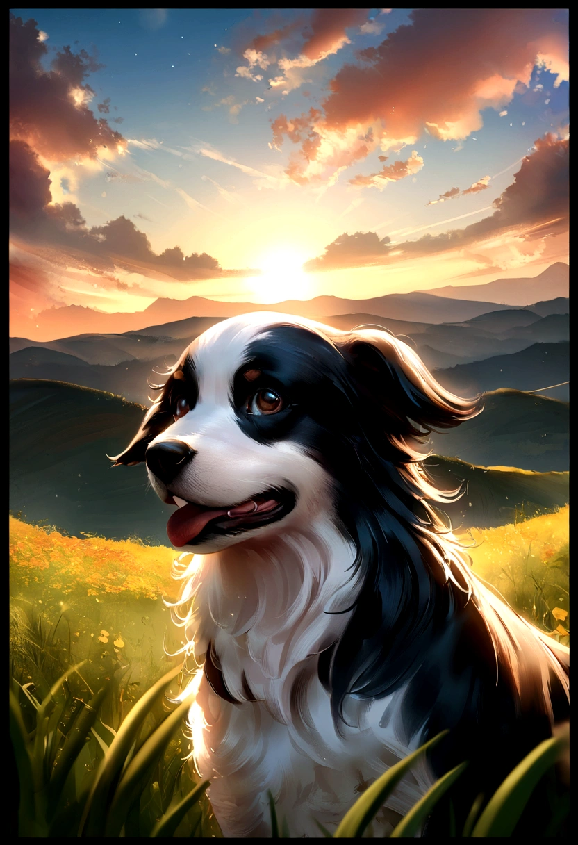 border collie correndo, campo aberto, lente 50mm, hyper realista, por do sol, ovelhos no fundo, vista lateral, ceu com poucas nuvens