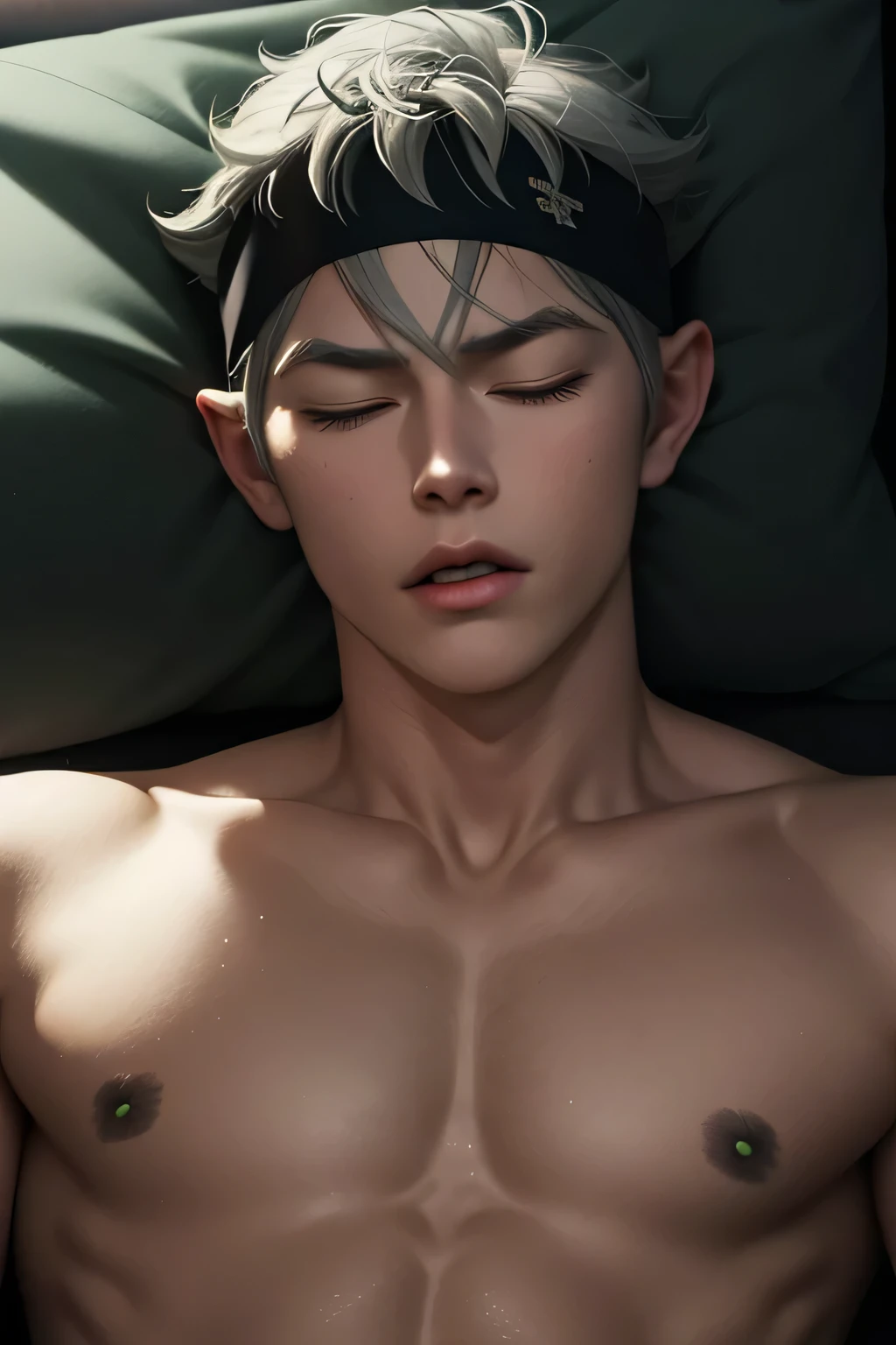 Masterpiece, Best quality, High quality, 1boy, Solo, Asta, lying on bed, sleeping, gray hair, black headband, shirt off, shirtless, green eyes, close his eyes, closed eyes, opened mouth, torturing expression, full body, naked, showing His penis, his dick, showing his muscle, top view,hands behind head.