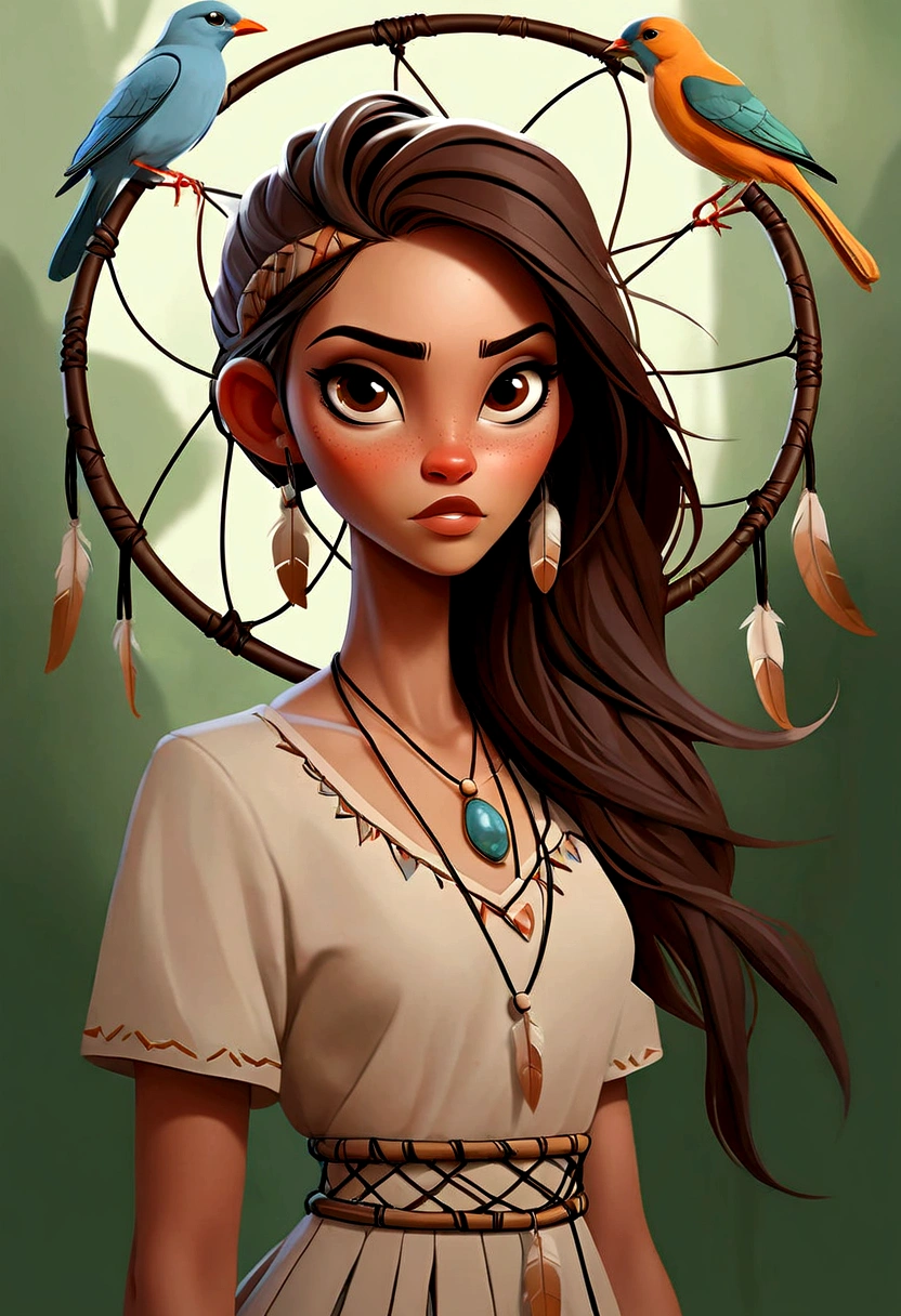 Illustration of a woman with a dream catcher and shamanistic background design and birds in hair, Jen Bartel, von Tim Bishop, im Stil der digitalen Illustration, a beautiful artwork illustration, There are birds on her head, Adobe Illustrator-Kunst, von Eddie Mendoza, Im Stil von Laurie Greasley, von Galen Dara, Illustrationskunst, Brittney Lee, Hochdetaillierte Vektorgrafiken schamistescher flair