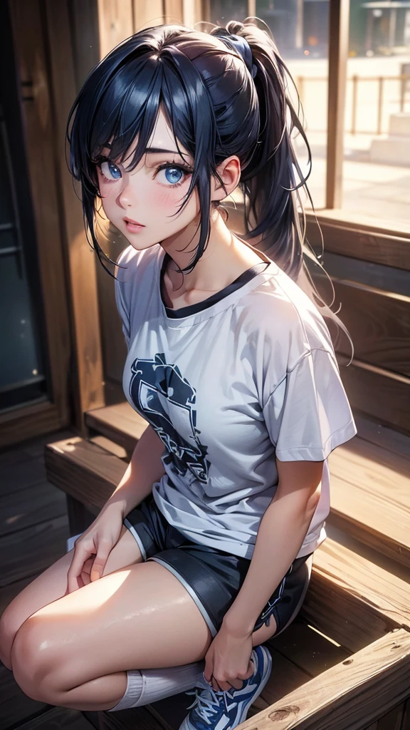 (best quality,4k,8k,highres,masterpiece:1.2),ultra-detailed,(realistic,photorealistic,photo-realistic:1.37),HDR,UHD,studio lighting,ultra-fine painting,sharp focus,physically-based rendering,extreme detail description,professional,vivid colors,bokeh,portraits,anime,photography,pink tones,warm lighting 1girl, solo, detailed eyes, detailed lips, extremely detailed eyes and face, long eyelashes, long dark blue hair in a ponytail with side bangs, small , in an oversized anime T-shirt, blue booty shorts, long socks, sneakers