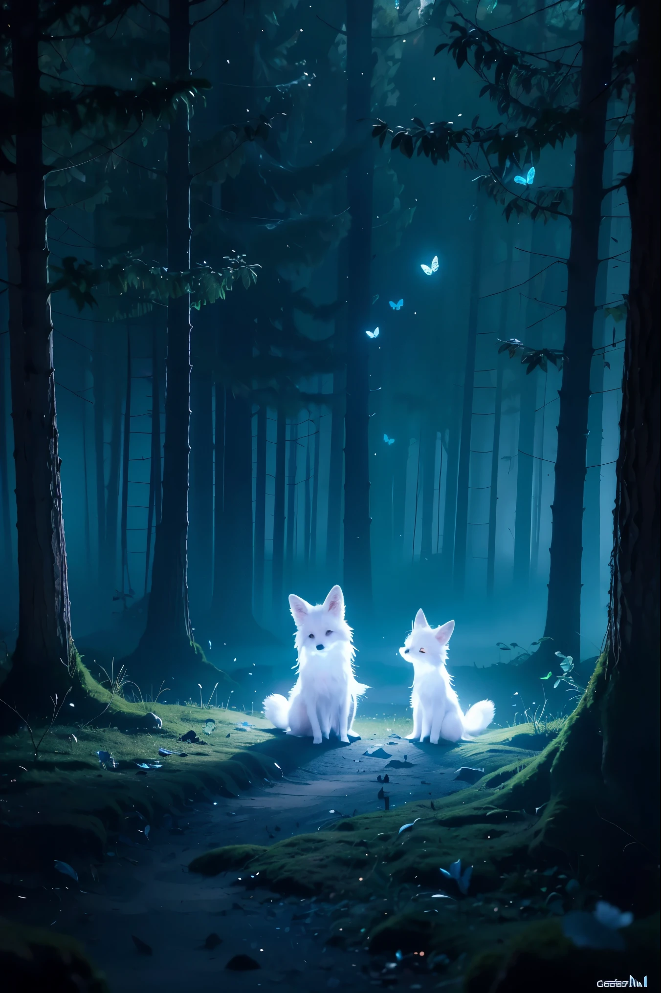 spirit animal, score_9, score_8_consolation, score_7_consolation, score_6_consolation, score_5_consolation, score_4_consolation, ethereal ghost baby fox, Beloved, cartoon character, glowing blue eyes, glowing butterflies, fantasy forest at night time, realistic, very detailed, There are no humans