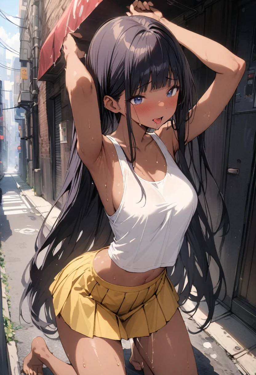 (((masterpiece, Highest quality:1.3,absurdres))),25 year old beauty,solo,((very small head:1.3)),long hair,bangs,dark blue hair,dark blue eyes,gorgeous eyes,shy,tongue、drooling,medium breasts,((very long body:1.3)),((toned body,slender body)),skinny,((tan skin)),gleaming skin,shiny skin,sweat,((orgasm,Love juice dripping down thighs)),(White tank top、Yellow pleated mini skirt),arms up,kneeling,on street,Back Alley、New York City、