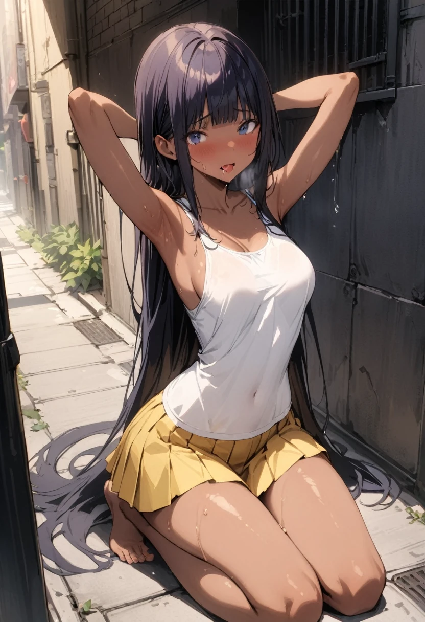 (((masterpiece, Highest quality:1.3,absurdres))),25 year old beauty,solo,((very small head:1.3)),long hair,bangs,dark blue hair,dark blue eyes,gorgeous eyes,shy,tongue、drooling,medium breasts,((very long body:1.3)),((toned body,slender body)),skinny,((tan skin)),gleaming skin,shiny skin,sweat,((orgasm,Love juice dripping down thighs)),(White tank top、Yellow pleated mini skirt),arms up,kneeling,on street,Back Alley、New York City、