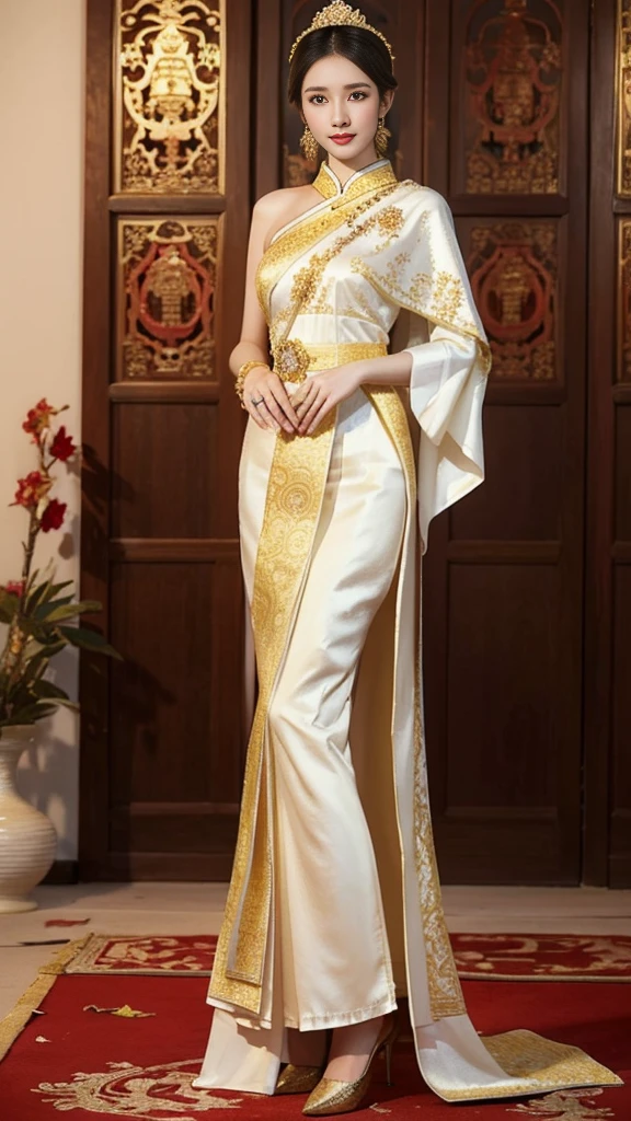 An insanely seductive Chinese actress in a white traditional Thai dress, Sukhothai costume, in style of Thawan Duchanee, beautiful and elegant, white royal dress, decorated with gold, Thai fine art, Thai pattern.