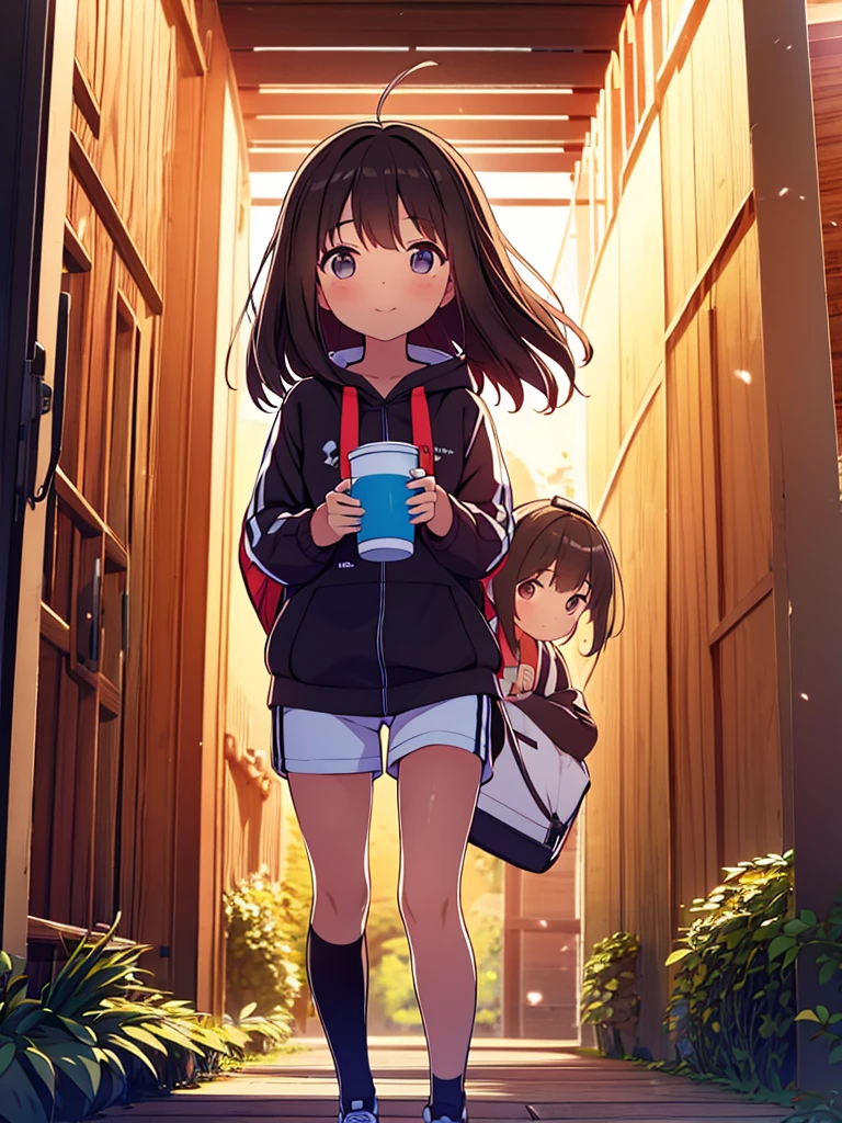 Obra maestra, mejor calidad, high resolution, extremadamente detallado, antecedentes detallados, cinematic lighting, 1 chica, caminando , gimnasia, shorts fitness negro y overside negra, Hearing aids , sonrisa, mochila, de pie, long dark brown straight hair, con fleco, medio morena con lentes negros ojos cafes oscuro
