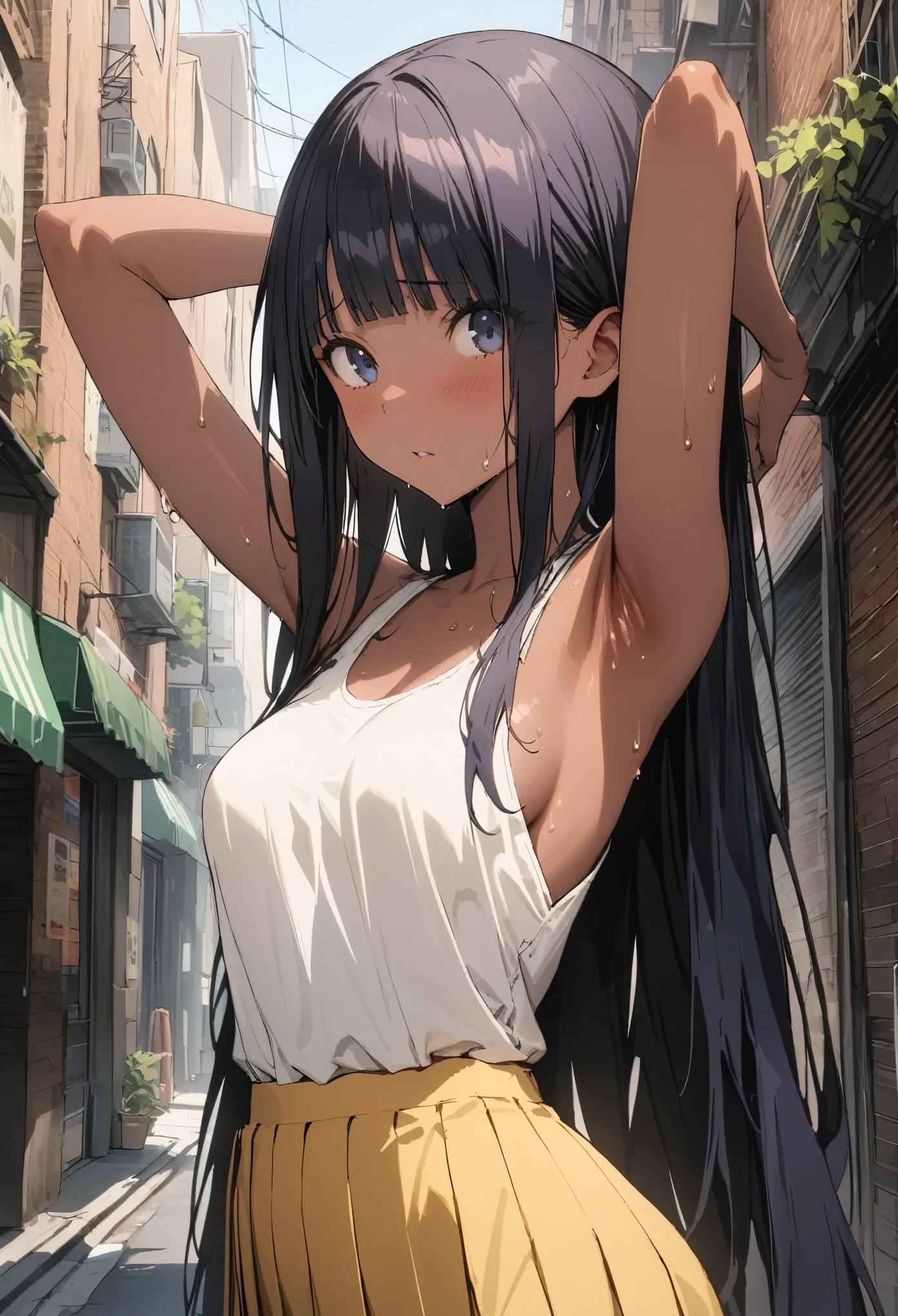 (((masterpiece, Highest quality:1.3,absurdres))),25 year old beauty,solo,((very small head:1.3)),long hair,bangs,dark blue hair,dark blue eyes,gorgeous eyes,shy,shy,medium breasts,((very long body:1.3)),((toned body,slender body)),skinny,((tan skin)),gleaming skin,shiny skin,sweat,(White tank top、Yellow pleated mini skirt),arms up,Show off your armpits、on street,Back Alley、New York City、