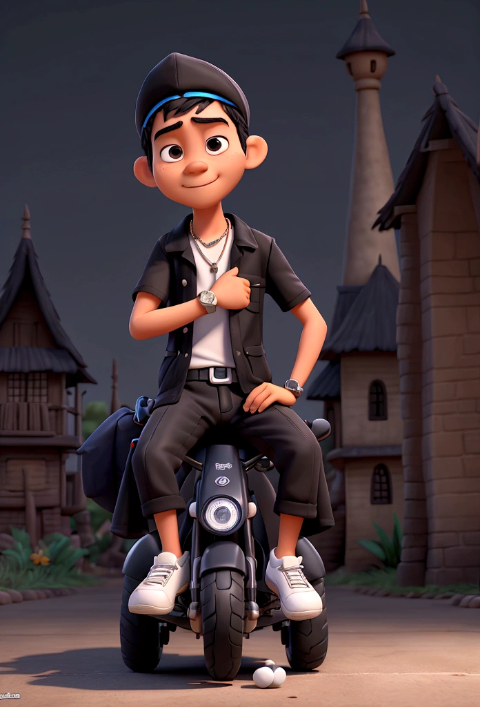 3D Disney-Pixar character, an Indonesian teenager boy aged 16 years-old wearing white singlet, black strap necklace, black cap, and watch draped his black cloth over his shoulder in the night village sitting on motorcycle while smoking
