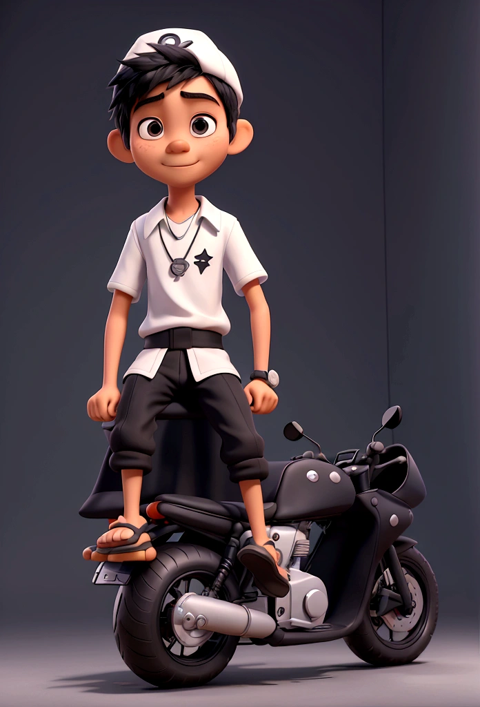 3D Disney-Pixar character, an Indonesian teenager boy aged 16 years-old wearing white singlet, black strap necklace, black cap, and watch draped his black cloth over his shoulder in the night village sitting on motorcycle while smoking