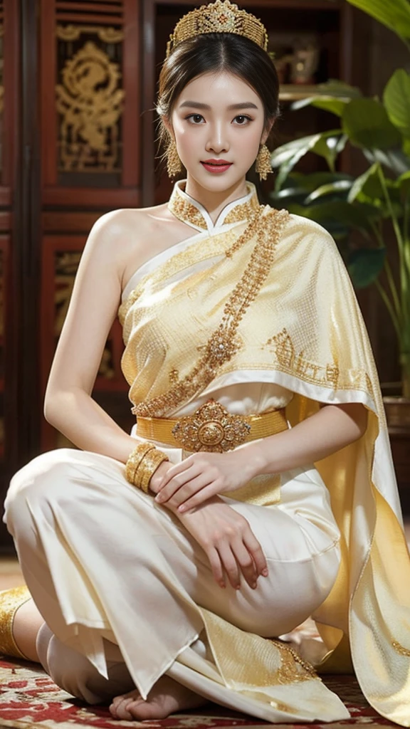 An insanely seductive Chinese actress in a white traditional Thai dress, Sukhothai costume, in style of Thawan Duchanee, beautiful and elegant, white royal dress, decorated with gold, Thai fine art, Thai pattern.