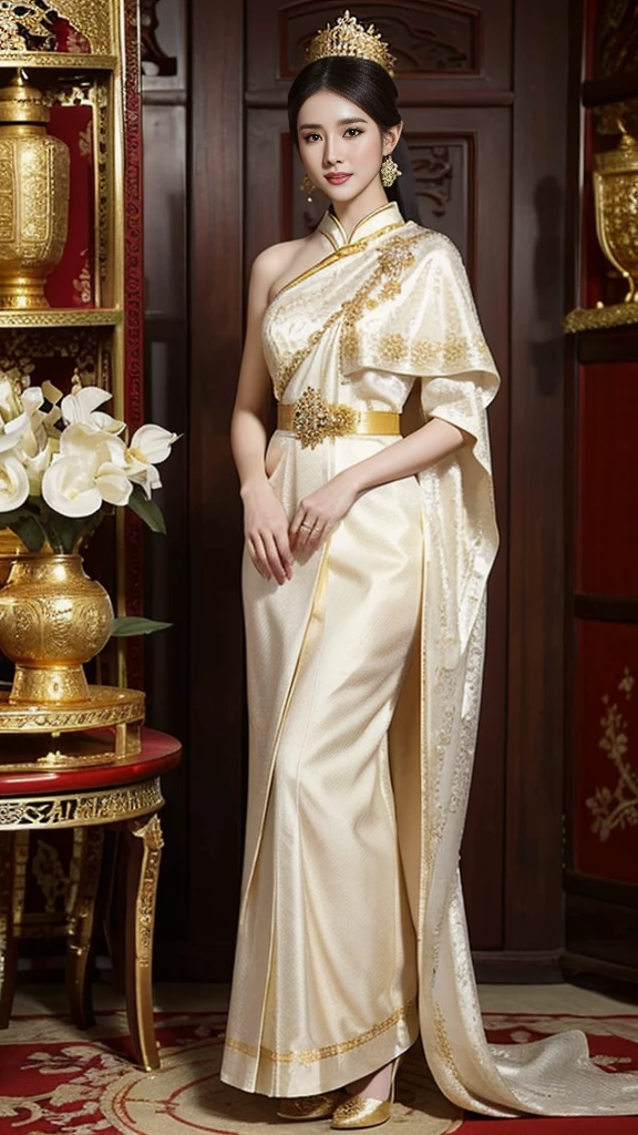 An insanely seductive Chinese actress in a white traditional Thai dress, Sukhothai costume, in style of Thawan Duchanee, beautiful and elegant, white royal dress, decorated with gold, Thai fine art, Thai pattern.