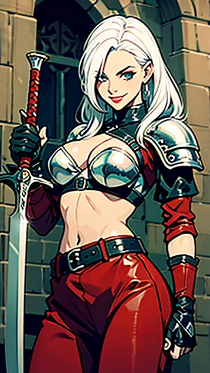 medieval rouge, girl, one armed, amputated arm, feat, white hair, fit, 18, smiling, holding a sword, wearing medieval leather armor