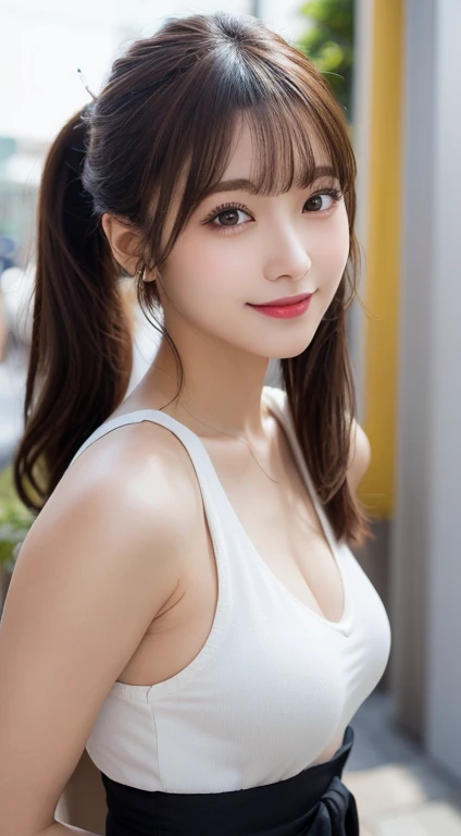 (8k, RAW photos,best quality, high resolution:1.1), (hyperrealistic:1.4),(realistic, photorealistic:1.3), soft light,big breasts,girl,realistic face,realistic body,realistic skin,absurdity,masterpiece,(cute:1.8), cuties, solo, (big breasts:1.2),( erect nipple:1.4) detailed black eyes, innocent eyes, blusher,(sheer t-shirt:1.2), cinema light,film grain,,((Medium hair:1.1)),((Floating Hair Novafrog Style)),cherry colored lips,hair ribbon,hair bow,ponytail,closeup,look viewer,long hair,upper body,open lips,upper teeth, (smiling eyes:0.6),((grinning:1.2)),depth of field, blurred background, eye focus, Bokeh,Young, 85mm Lens, f/1.4,Professional Lighting, Young,Portrait,Photon Mapping,Radiosity,Physically Based Rendering,No Bra