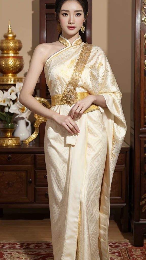 An insanely seductive Chinese actress in a white traditional Thai dress, Sukhothai costume, in style of Thawan Duchanee, beautiful and elegant, white royal dress, decorated with gold, Thai fine art, Thai pattern.