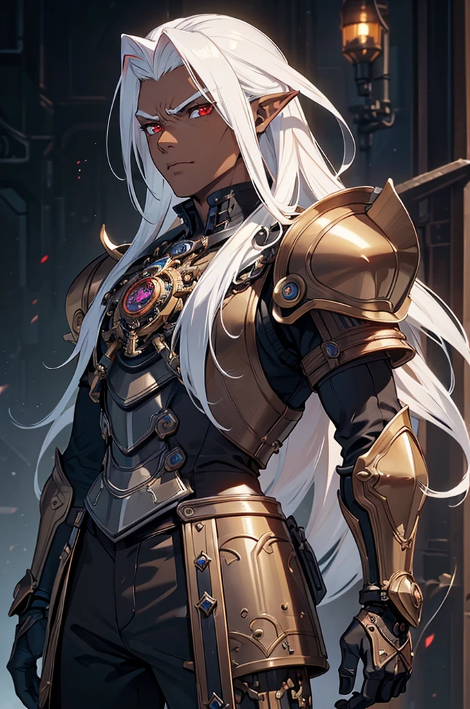 ((best quality)), ((masterpiece)), (detailed), ((boy)), ((mechanical armor)), (steampunk), (serious), dark skinned, human, upper body, portrait, red eyes, long white hair, Xemnas from Kingdom Hearts, half-drow, pointy ears, serious face, similar image