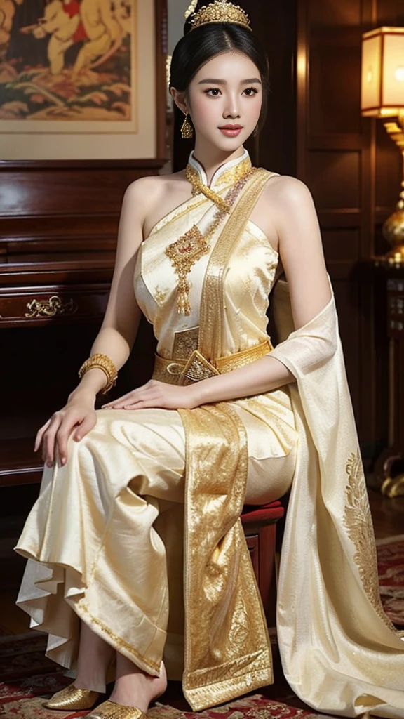 An insanely seductive Chinese actress in a white traditional Thai dress, Sukhothai costume, in style of Thawan Duchanee, beautiful and elegant, white royal dress, decorated with gold, Thai fine art, Thai pattern.