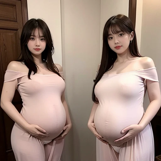 2 women,Mom and mother-in-law,35 years old,人妻 A pregnant woman,pregnant,pregnant,pregnant with twins,10 months pregnant,Pretty Face,Sexy body,Long hair,Wearing a transparent off-the-shoulder dress,Sexy pajamas