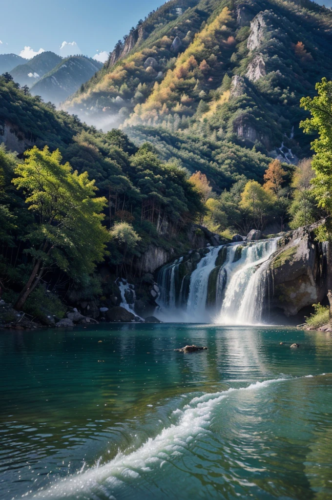 1girl in jiuzhaigou national park, china, fantasy landscape, snowy mountains, multicolored lakes, cascading waterfalls, vibrant colors, dramatic lighting, cinematic composition, highly detailed, photorealistic, 8k, ultra-detailed, realistic, (best quality,4k,8k,highres,masterpiece:1.2),ultra-detailed,(realistic,photorealistic,photo-realistic:1.37),concept art, epic, awe-inspiring, stunning, breathtaking, magical