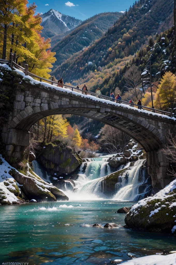 1girl in jiuzhaigou national park, china, fantasy landscape, snowy mountains, multicolored lakes, cascading waterfalls, vibrant colors, dramatic lighting, cinematic composition, highly detailed, photorealistic, 8k, ultra-detailed, realistic, (best quality,4k,8k,highres,masterpiece:1.2),ultra-detailed,(realistic,photorealistic,photo-realistic:1.37),concept art, epic, awe-inspiring, stunning, breathtaking, magical