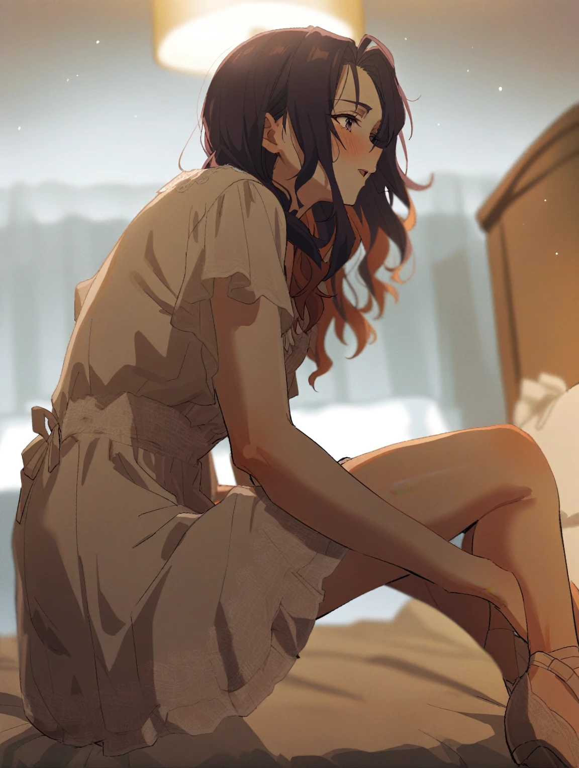 {{{sincos (sincos)}}}, there is a woman sitting on the bed with her legs crossed, Amber Heard squats on the bed, in a nightgown, sitting on the edge of the bed, soft light from the side, soft glow, sitting on the bed, touch her clothes, a girl in a dress, sitting on the edge of the bed, In the spirit of Elsa Bleda, nice legs