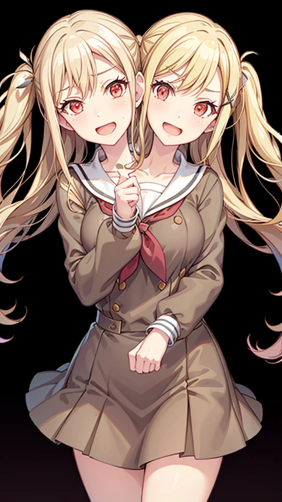 masterpiece, best quality, highres, (Conjoined_dicephalus), (2 heads:1.2), two heads, (1 body:1.5), 2 girl, solo, 2 legs, 2 arms, conjoined twins, solo, ichigaya arisa, twintails, x hair ornament , pleated dress, pantyhose, tenmasaki, shirt, long sleeves, bow, ribbon, twintails, , 10ma_s, 1girl, solo, long hair, smile, open mouth, skirt, blonde hair, simple background, red eyes, long sleeves, hair between eyes, twintails, , collarbone, pink hair, :d, sidelocks, pleated skirt, serafuku, pink eyes, sailor collar, neckerchief, cardigan, black background, red neckerchief, grey skirt, clenched hands, white sailor collar, yellow cardigan, talking with herself, pointing in different directions, shopping mall happy, cowbow shot, outdoors, forest