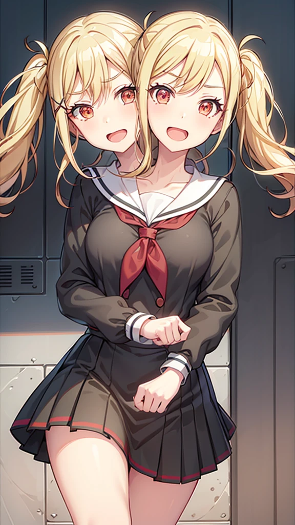 masterpiece, best quality, highres, (Conjoined_dicephalus), (2 heads:1.2), two heads, (1 body:1.5), 2 girl, solo, 2 legs, 2 arms, conjoined twins, solo, ichigaya arisa, twintails, x hair ornament , pleated dress, pantyhose, tenmasaki, shirt, long sleeves, bow, ribbon, twintails, , 10ma_s, 1girl, solo, long hair, smile, open mouth, skirt, blonde hair, simple background, red eyes, long sleeves, hair between eyes, twintails, , collarbone, pink hair, :d, sidelocks, pleated skirt, serafuku, pink eyes, sailor collar, neckerchief, cardigan, black background, red neckerchief, grey skirt, clenched hands, white sailor collar, yellow cardigan, talking with herself, pointing in different directions, shopping mall happy, cowbow shot, outdoors, forest